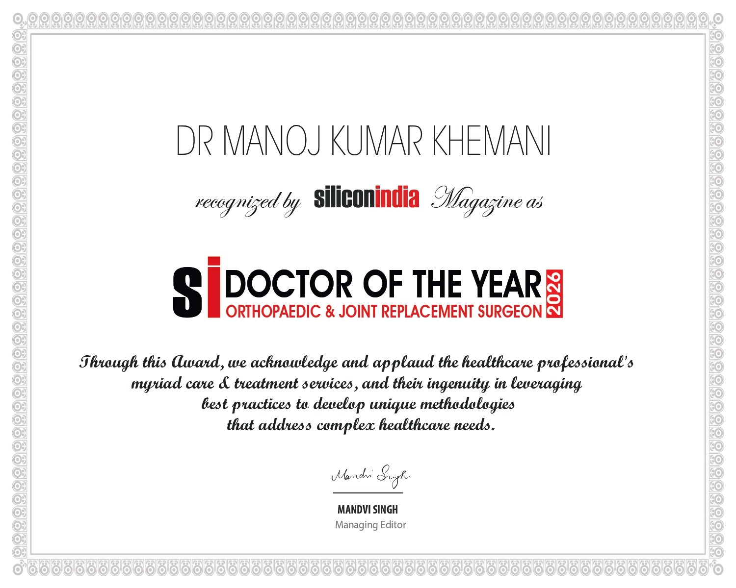 SiliconIndia Doctor of the Year 2026 Certificate - Dr. Manoj Kumar Khemani
